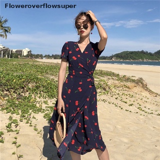 fsmx cherry impreso vestido envuelto mujeres coreanas moda corto slim manga maxi vestidos caliente