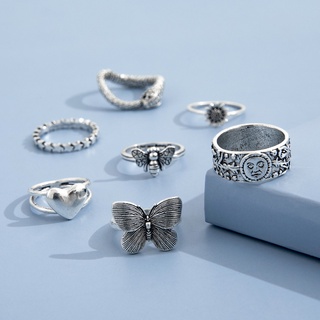 7 unids/set retro aleación mariposa margarita abeja corazón estrella anillo conjunto mujer joyería accesorios (2)
