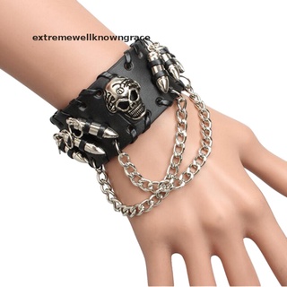 [knowngrace] Black Cowhide Skull Bullet Chain Men Bracelet Punk Rock Leather Wristband Gothic New Stock