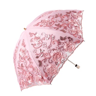 sombrilla de encaje plegable flor paraguas lluvia mujeres dos paraguas plegable mujer herramientas de lluvia único paraguas sombrilla, rosa (2)