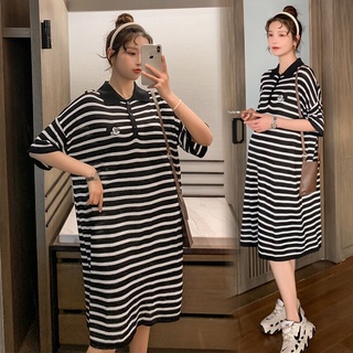 50U795 vestido de maternidad de verano de manga corta coreano rayas sueltos una línea de vestido de las mujeres embarazadas más el tamaño de la mamá vestido