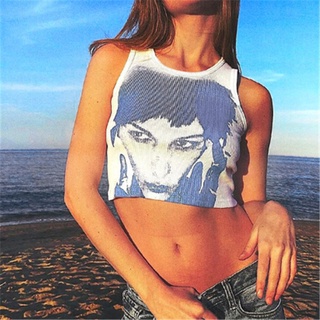 gótico mujeres de moda retrato carta impreso retro tank tops verano chaleco femenino cuello redondo sin mangas slim crop tops streetwear