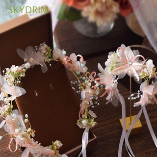 skydrim fashion flor diadema niñas tiara tocado corona diadema perla accesorios para el cabello boda pulsera nupcial joyería banda