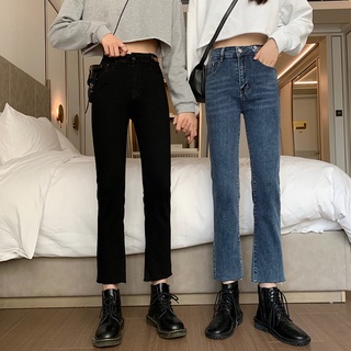 Summer slim slim high-waist straight-leg pants Slim denim cropped trousers black thin section explosive casual pants women