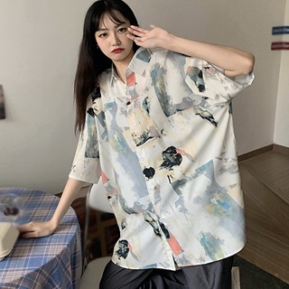 Seamoon mujer Tie-teed impresión suelta Casual manga corta gasa camisa blusa