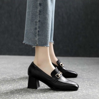 Zapatos de tacón grueso para mujer2021Nuevo estilo británico de punta cuadrada Vintage pequeños zapatos de cuero de las mujeres cuatro estaciones de alto talón mocasines de moda (4)