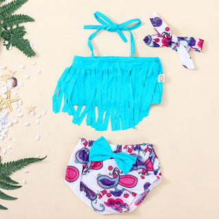 conjunto de bikini con correa de impresión de borla para niños y niñas/traje de baño de playa