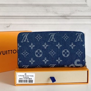 【Listo para enviar】Clutch Louis Vuitton LV auténtico 100% original, billetera de mezclilla para hombres y mujeres, clip largo N60017 LV largo, billetera LV, clip corto, billetera