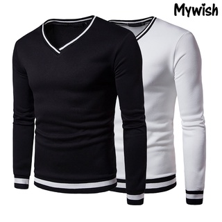 [mywish] Camisa de hombre con cuello V/rayado/colores Contrastantes/otoño/hogar (3)