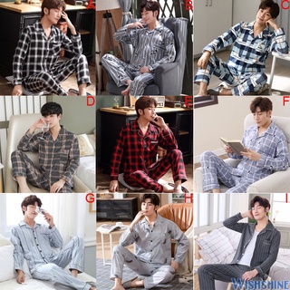 [en Stock] coreano de la moda para hombre de algodón pijamas conjunto Baju Tidur masculino ropa de dormir trajes de manga larga pijama ropa de dormir ropa de hogar traje