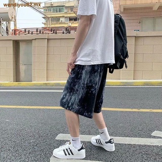 High street pantalones cortos con efecto tie-dye pantalones casuales sueltos de todo fósforo de verano para hombres marca de moda de Hong Kong pantalones atractivos de cinco puntos pantalones deportivos negros oscuros