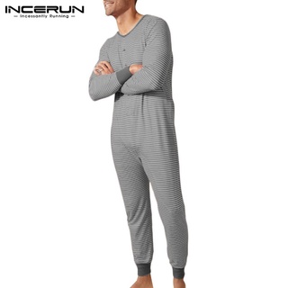 Xman hombres rayas manga larga cuello redondo botones estiramiento pijamas mono (3)