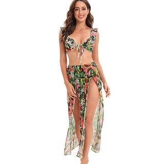 2022 Moda 2022 Mujer Traje De Baño Tropical Impreso Con Volantes Cordones De Tres Piezas bikini Falda Larga n8I2