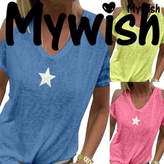 [mywish] Camiseta De mujer talla grande con estampado De estrella/hombros descubiertos/color sólido/Gola V