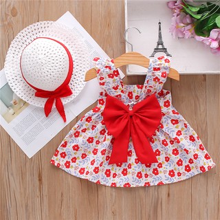 Baby girl summer dress new children's wear small fresh broken flower bow suspender skirt send hat