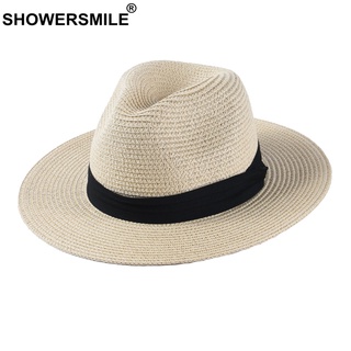 PANAMA showersmile sombrero de panamá hombres clásico paja jazz sombrero mujeres beige al aire libre casual cinta hawaiana protección solar sombrero unisex