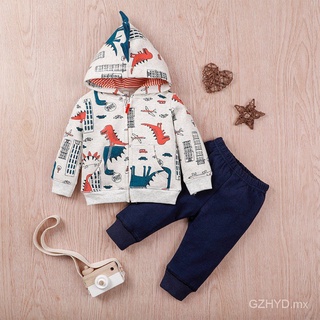 Auténtico En stock Autumn And Winter Baby Boy Long Sleeve Cartoon Dinosaur Print Hoodie Sweatshirt Tops+Solid Color Pants Trouser Costume Set (1)