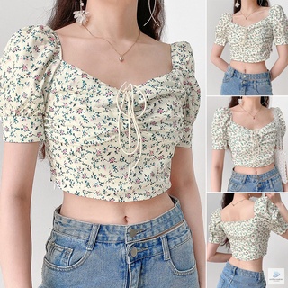 Women Cute Puff Sleeve Floral Short Sleeve T-Shirts Cropped Top Summer Slim Tee Tops For Women