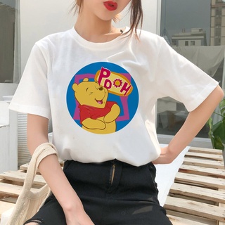 Divertido De Dibujos Animados Impreso De Las Mujeres T-shirt Winnie The Pooh Casual Envuelto Miel Olla Gris Suave Camiseta