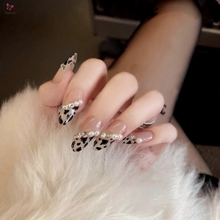 24pcs Leopard Pearl Wear Long Paragraph Fashion Manicure Patch False Nails Save Time Wearable Nail Patch