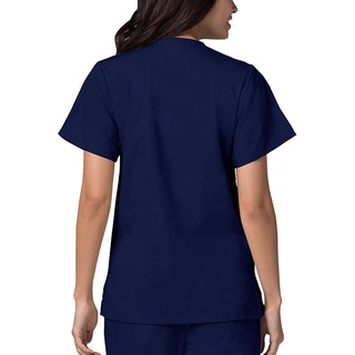 Mujeres manga corta cuello en V Color sólido Tops enfermería trabajo uniforme camisetas