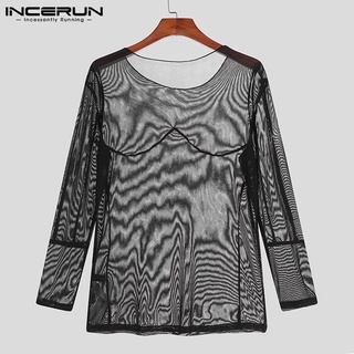 INCERUN-Camisa De Malla Transparente Para Hombre , Cuello Redondo Y Manga Larga (4)