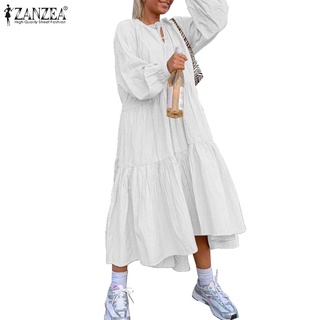 ZANZEA Women Solid Color V Neck Puff Sleeve Casual Maxi Dress