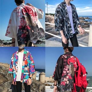 Japonês Camisa De Manga Curta Homens Cardigan Solto Casual Casaco Kimono Outwear
