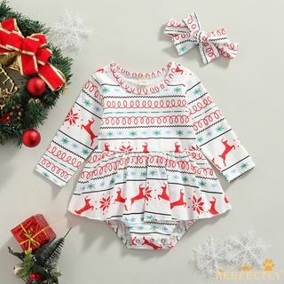 Pft7-baby navidad traje reno impresión empalme de manga larga mameluco + diadema para niñas, 0-18 meses