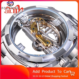 FORSINING Qsjzhy reloj mecánico Automático cuadrado De acero inoxidable para hombre diseño Transparente reloj De plata dorado engranajes De Esqueleto Saati