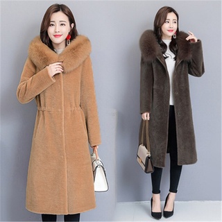 Abrigo largo con capucha para mujer, abrigo grueso y cálido de lana y piel, con cuello en V, para invierno, novedad de 2020