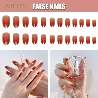 ARETES 24Pcs/Set Belleza Parche de uñas Cabeza redonda Diseños de Bownet 3D Uñas falsas Retirable Bricolaje Perla Degradado Herramienta de manicura Moda Consejos De Arte De Uñas