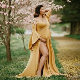 Twice**Mujeres embarazadas fotografía accesorios fuera de hombro manga larga maternidad vestido sólido