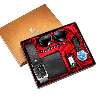 【En stock】Boutique reloj Set de regalo 6 unids/Set gafas + cinturón + cartera + llavero + esfera grande reloj de cuarzo + bolígrafo