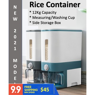 dispensador automático de arroz de 12 kg de capacidad con taza medidora de arroz y espacio de almacenamiento lateral