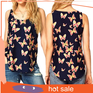 blusa de gasa con estampado de mariposa de verano para mujer uv sin mangas de verano casual tank top