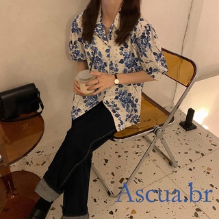 asu-mujer verano floral camisa, adultos botón abajo linterna manga turn-down (4)
