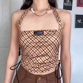 ☼♧❉Chaleco unidireccional de la correa del escote de la cintura del escote unidireccional de la impresión a cuadros retro de las mujeres del verano