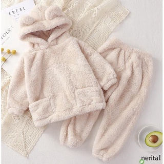 ♡QB✭2Pcs Kids Winter Pajama Set, Fleece Bear Hooded Long Sleeve Tops + Long