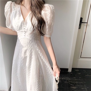 ¤vestido francés mujer verano nuevo vestido blanco puff manga midi vestido suave primer amor vestidos de hadas