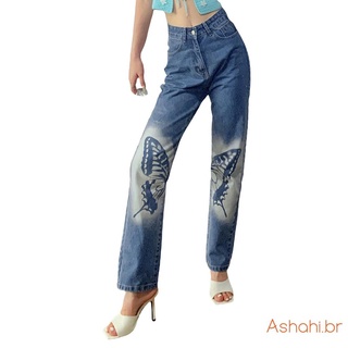 ✩ LW ❂ Pantalones De Mezclilla De Cintura Alta Para Mujer , Estampado De Mariposa Slim Fit Recto Largos Con Bolsillos