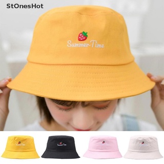 [StOnesHot] Women Folding Letter Strawberry Embroidery Bucket Hat Summer Fishing Outdoor Cap .