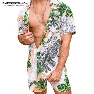 incerun hombres verano impreso camisa de manga corta+pantalones cortos sueltos vacaciones casual conjunto