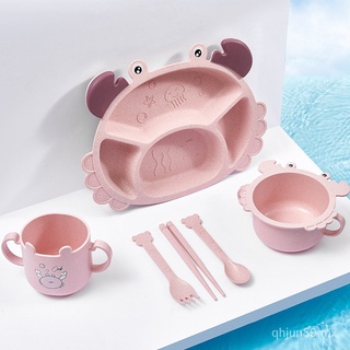 Plastic rubber bowl Cartoon Plastic Rubber Bowl Plastic Bowl Cover Children's Plastic Rubber Bowl Children Plate Crab Children's Dinner Plate Creative Baby Eating Tableware Drop-Resistant Baby Food Supplement Compartment Tray Wheat Straw Seperation Bowl