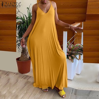 ZANZEA Women Casual Sleeveless V-Neck Solid Color Loose Spaghetti Strap Maxi Dress (6)