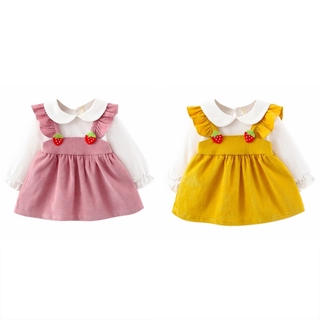 Perfecto niños niña vestido de bebé de algodón falso de dos piezas vestidos de niños lindo fresa Casual vestidos