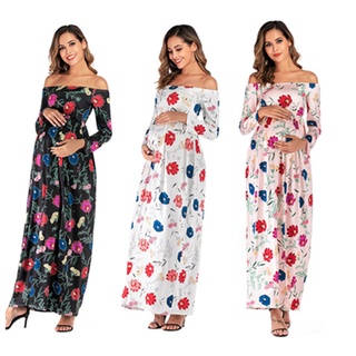 Autumn maternity dress one-shoulder printed long-sleeved mopping maternity dress maternity dress pregnancy clothes