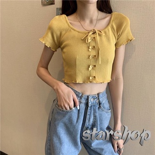 Starsbr-Women Fashion Short Sleeve Bowknot Top Stylish Solid Color Crop Top Fashion
