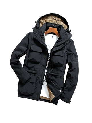 CON-hombre abrigo de manga larga, Color sólido de lana cremallera CON capucha Pizex CON bolsillo,