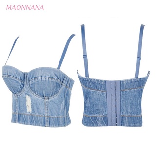 MAONA mujer Destucted Denim Bustier Crop Top Spagehtti correa Ripped corsé camisola